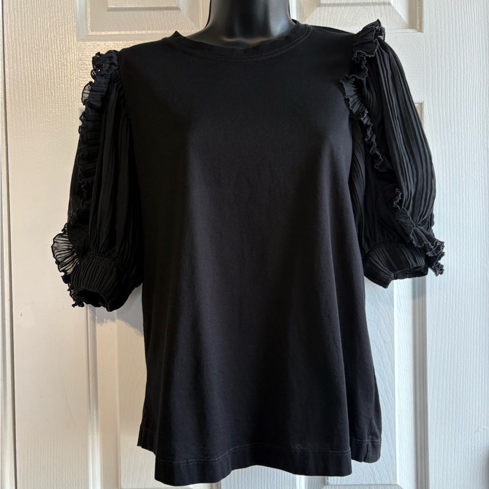 Sandro Paris Jasyn Ruffled Puff Sleeve Tee 100% Cotton - Black Size 2